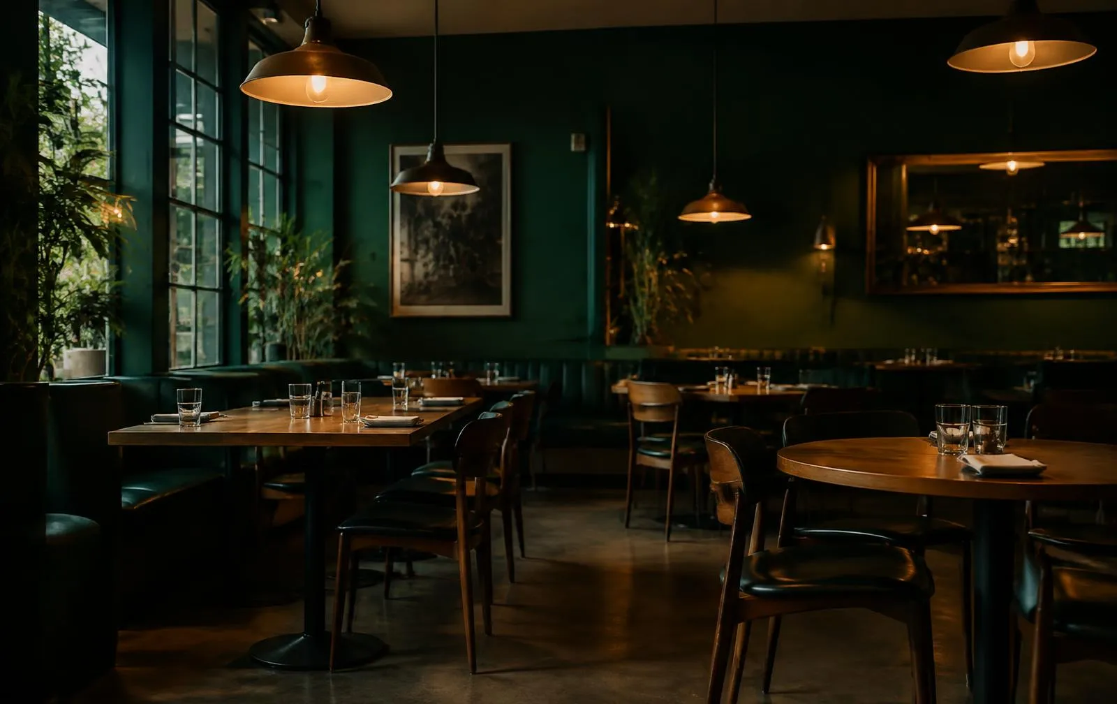 A warm cafe interior with wooden tables, plants and pendant lights